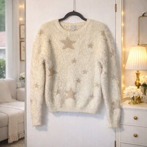 ✨Jun & Ivy Cream Fuzzy Cropped Star Sweater Metallic Lurex Knit Size S